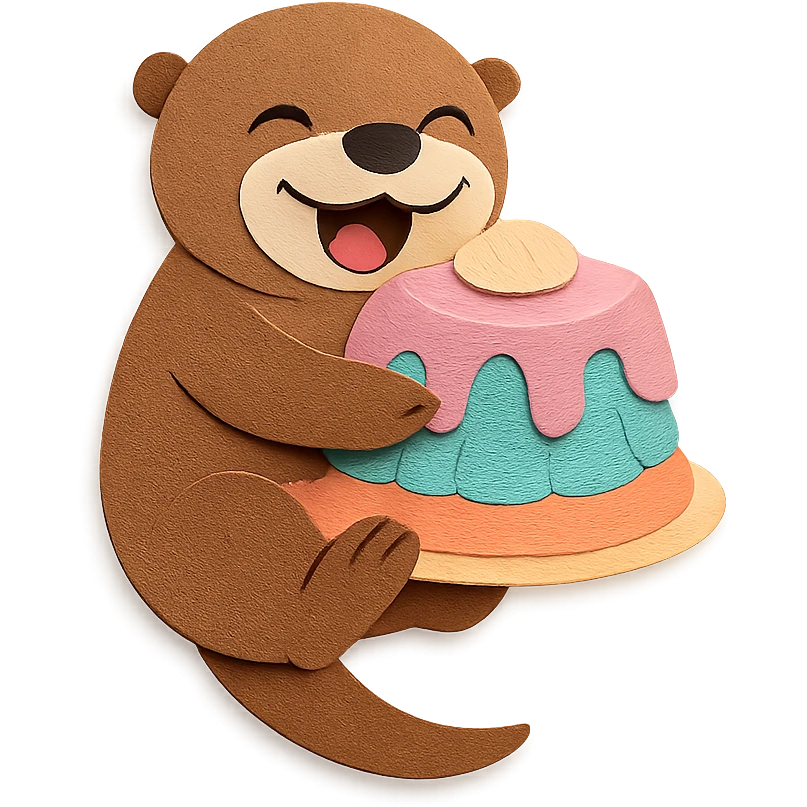 laughing otter hugging pastel jelly cake, paper-craft style emoji