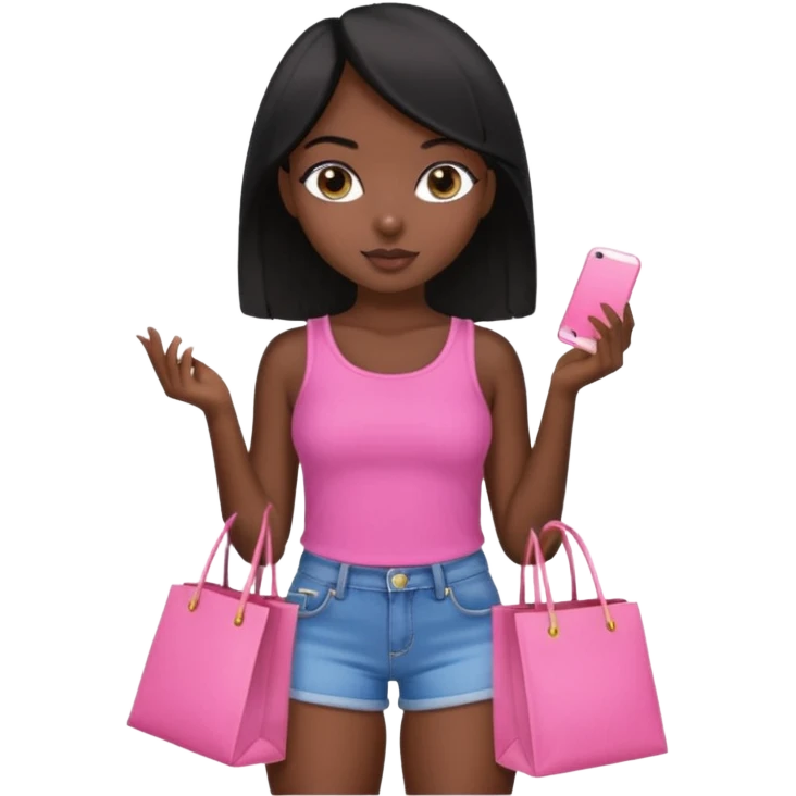 Uma menina morena cabelo liso preto olhos puxados fazendo compra com sacolas rosas  com top e short  emoji