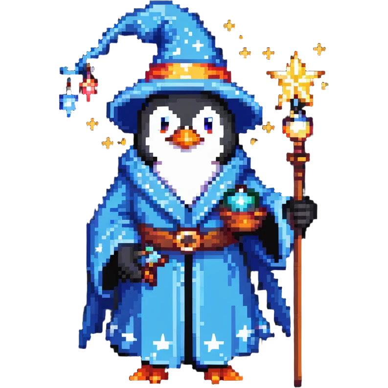 Penguin wizard with robe and magical stars emoji