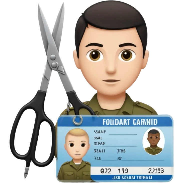 Floating black Scissors cutting in half an idf soldier ID card in 2 parts .hyper realistic emoji