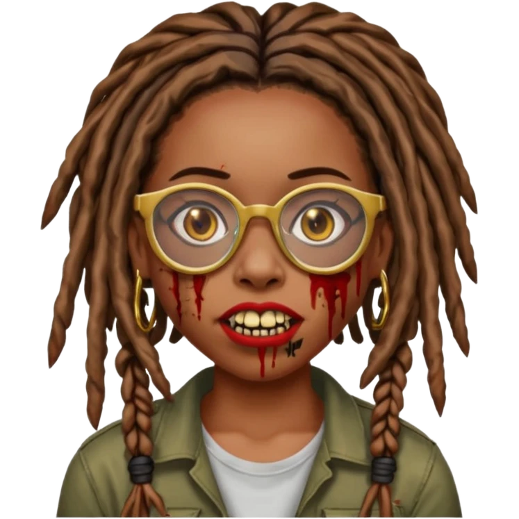 an african american girl with mid back length dread locs black glasses scar on the right side of face its like a red brown line im gold grills zombie mouth locs upfront emoji