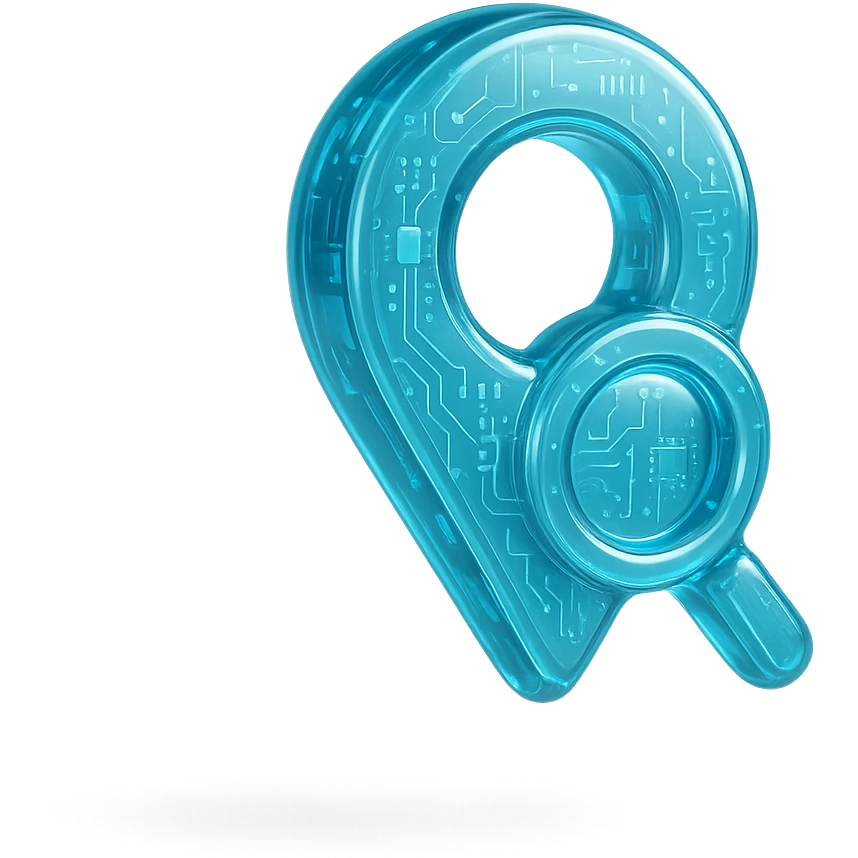 Icon of a map pin with a magnifying glass, cyan blue emoji