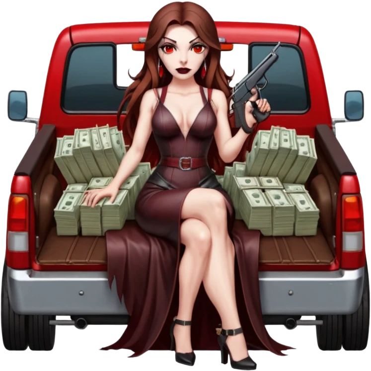 Lilith red eye seductress evil long brown haired sexy succubus woman with leather long dress with slit on, sitting in Big Large F350 pickup truck. Back seat full of stacks of cash, she is  Holding a human skull of her enemies and a gun in other hand emoji