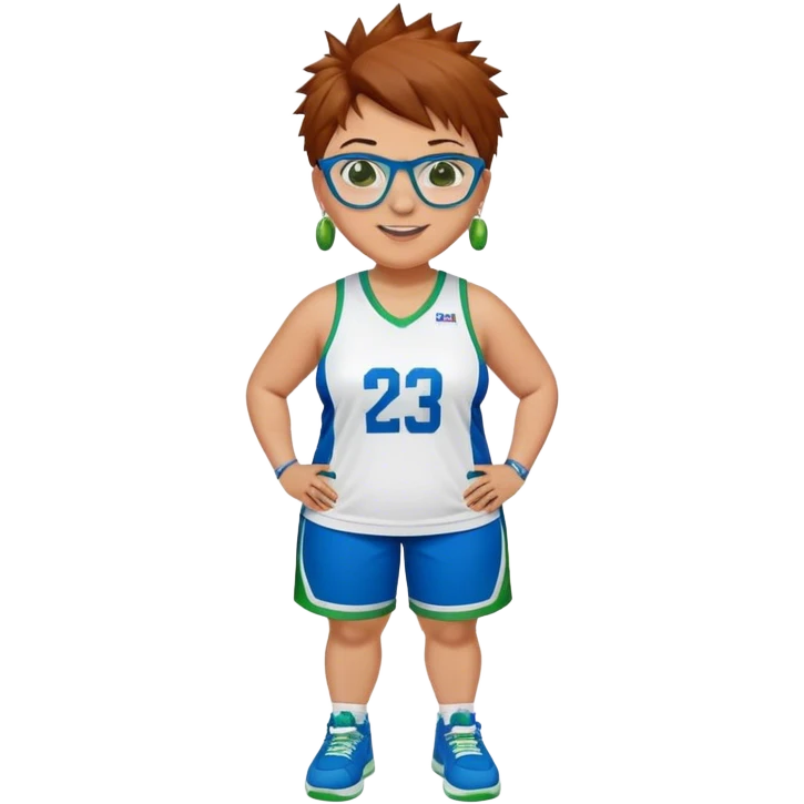 Full Body plus size white female basketball player with short medium brown hair with carmel highlights spikey hair wearing blue glasses 
 wide nose wearing blue green uniform  green sneakers smiling wearing earrings emoji