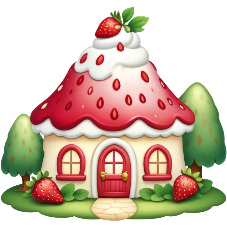 An enchanting and whimsical strawberry shortcake made in a magical cottage in an enchanted forest emoji