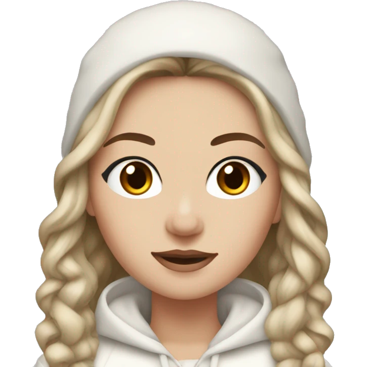 white girl with brown hair and black eyes wearing a white and brown winter outfit emoji