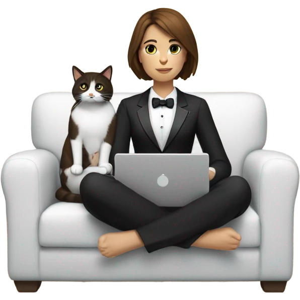  woman with brown hair sitting on the couch with a laptop on her lap next to small black and white tuxedo cat emoji