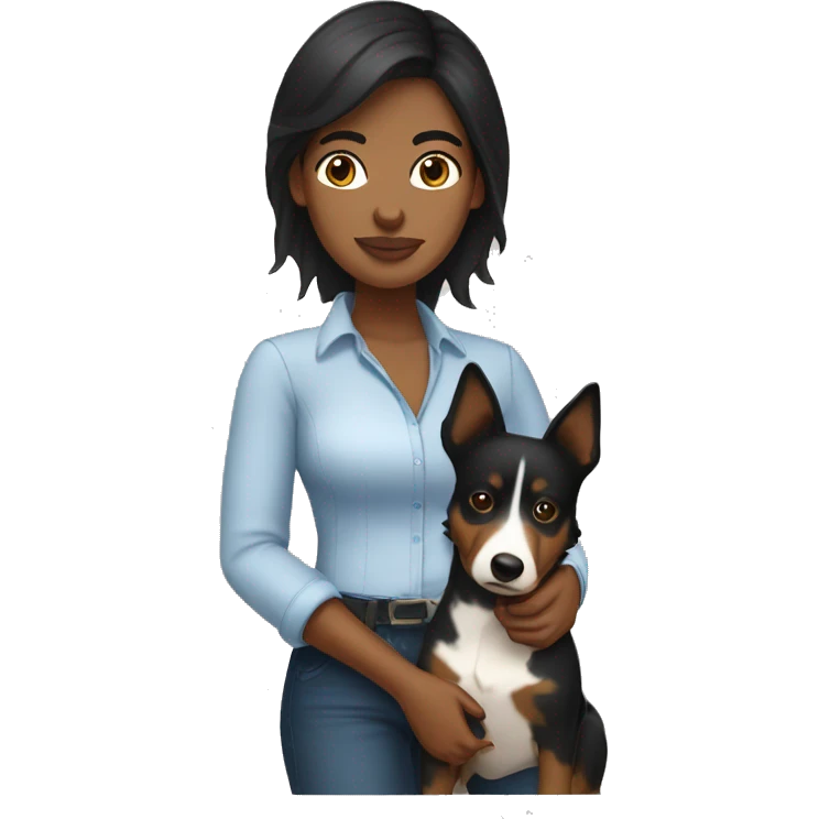 Apple style brown woman with medium black hair holding blue heeler emoji
