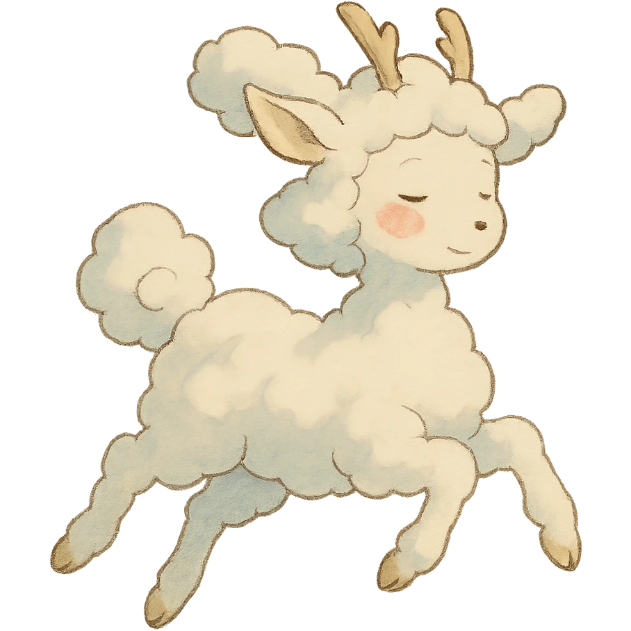 vanilla cloud doe with rosy cheeks, floating with witch grace, ghibli style emoji