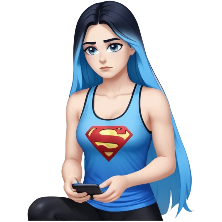 Shameful disappointed crying-very very very very big chest-texting on a samsung cell phone-very long straight flowing black to sky blue hair ombre-blue eyes-black eyeliner-long eyelashes-plastic sparkling sky blue very low cut tank top with sparkling superman logo-black leggings-nike sneakers emoji