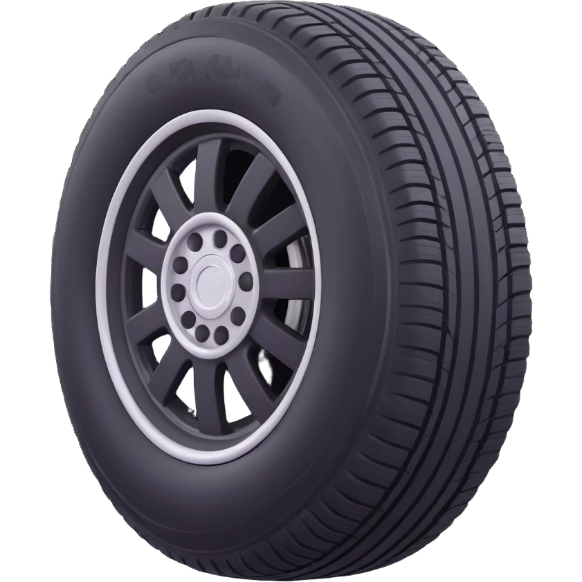 3D emoji style car tire, front view, black rubber with simple tread, silver rim, simple and expressive emoji