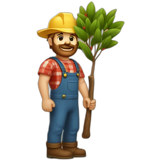 Lumber jack with a bay tree in one hand, and lumber held in the other hand emoji