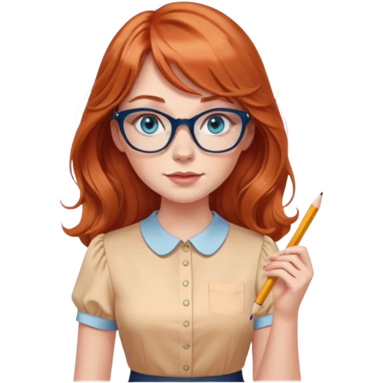 redheaded woman with long wavy hair and bangs, blue eyes, clear cat-eye glasses, short-sleeve apricot blouse, pencil skirt, holding a pencil emoji