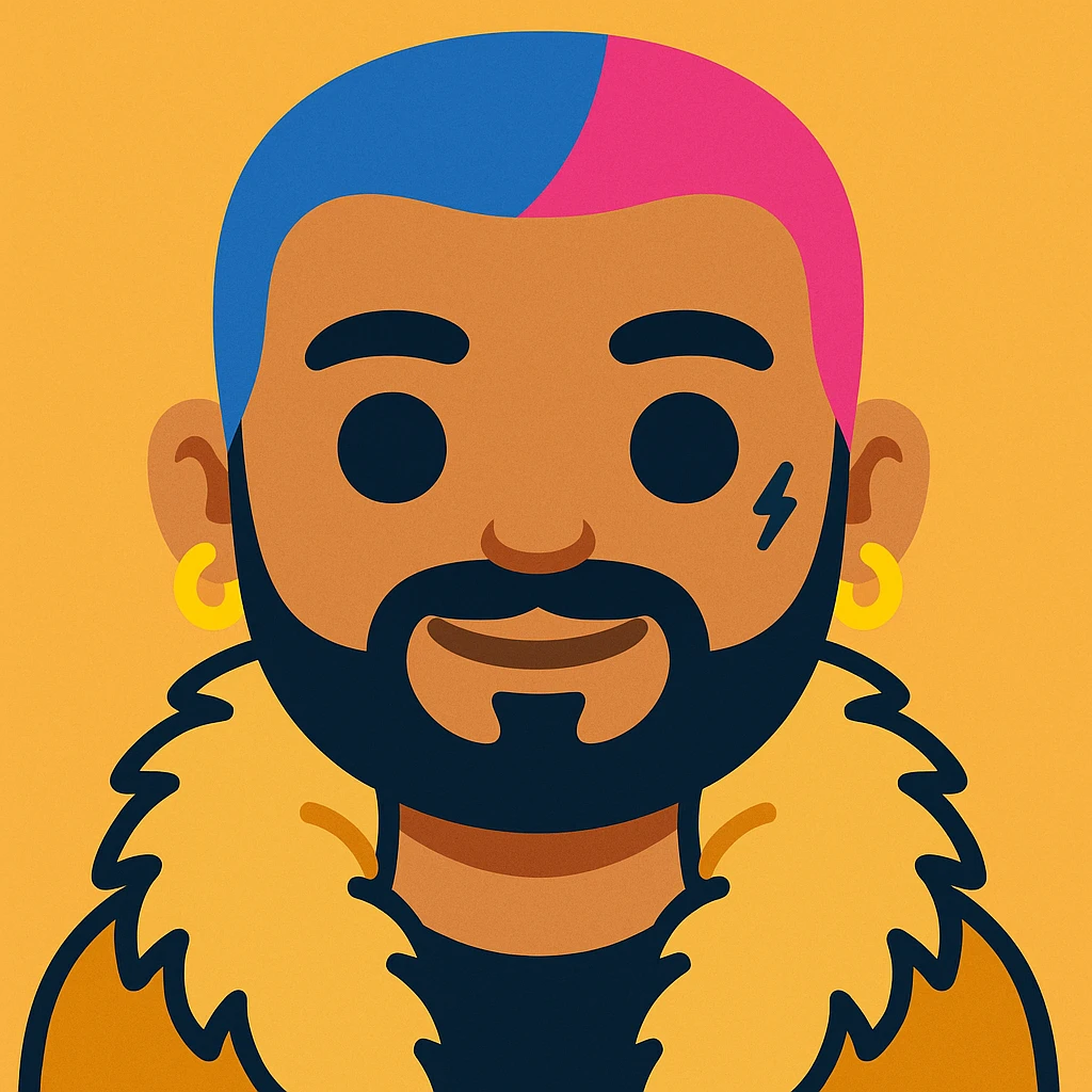 Create an emoji style image of a character with short blue and pink hair, beard, earrings, facial tattoo, wearing a fur coat, and natural skin tone. The style should resemble emoji style. emoji