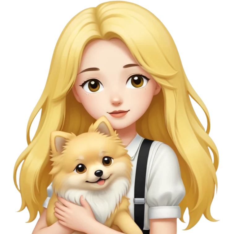 A girl with fair skin, long black hair, white suspenders, hugging a pure yellow long-haired Pomeranian emoji