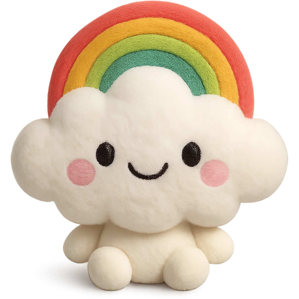 A plush rainbow cloud with soft, fluffy texture, delicate embroidered details, and a sweet, cheerful expression emoji