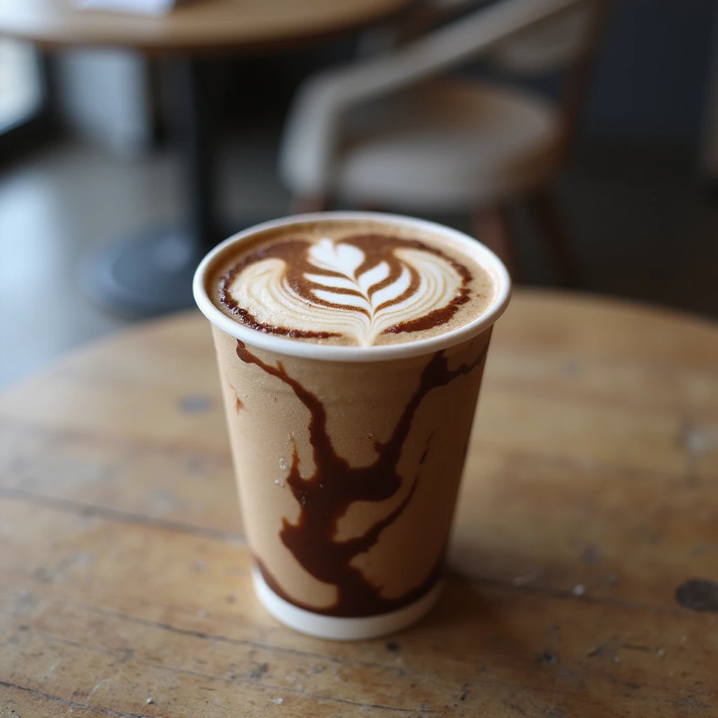 a realistic cup of mocha, photorealistic style, takeaway paper cup with mocha art, chocolatey swirls, modern café setting emoji