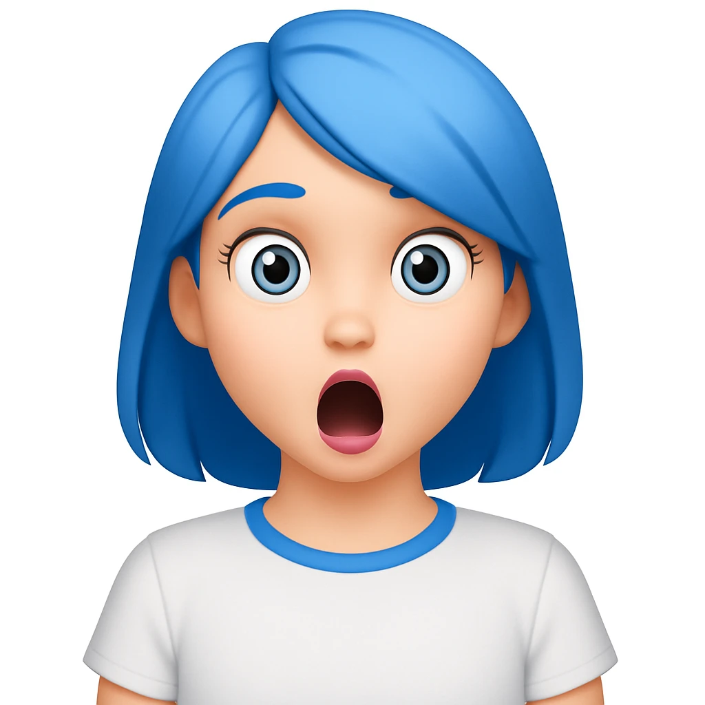 emoji of a girl with blue hair to shoulders, blue eyes, pink lips, wearing a white shirt, surprised expression emoji
