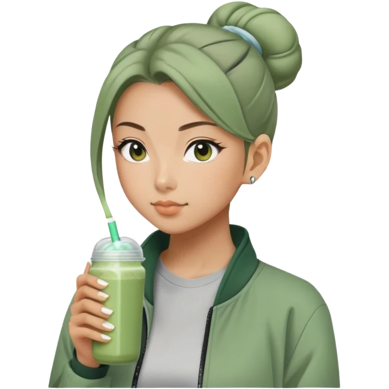 Japanese girl with sage green jacket drinking pre workout shake middle part slick back bun emoji