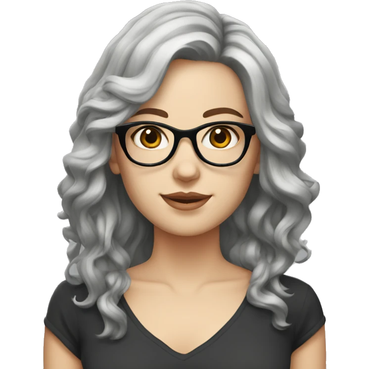 white girl with black wavy shoulder length hair, grey eyes glasses emoji