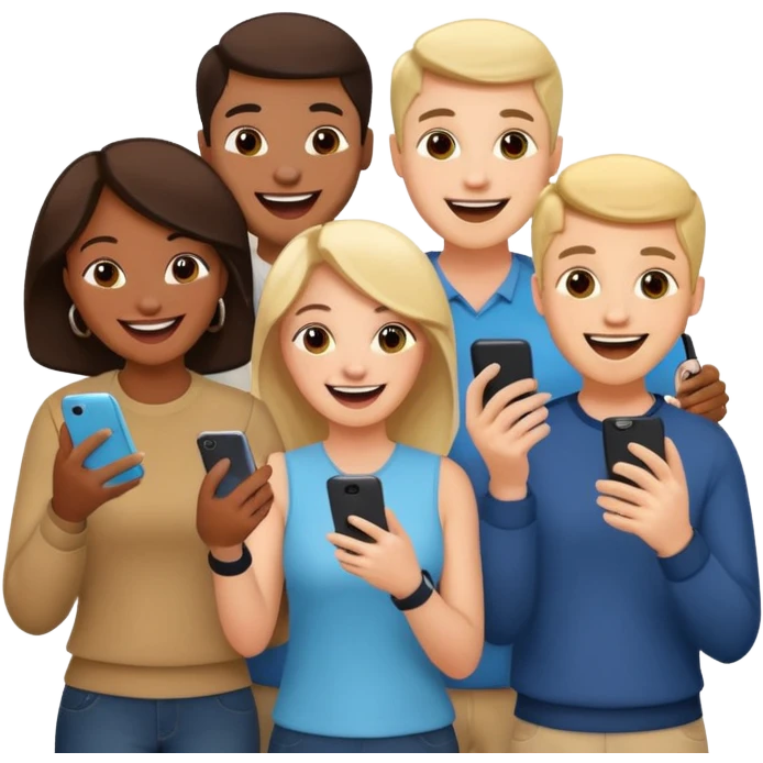 I want to generate a 3d image to show a group of friends playing a mobile trivia game emoji