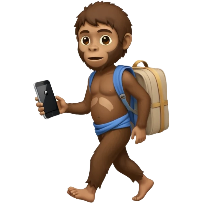 Draw an Australopithecus walking like a nomad, carrying a cloth bundle on its back and holding an iPhone and a laptop, in a cute flat iPhone emoji style. emoji