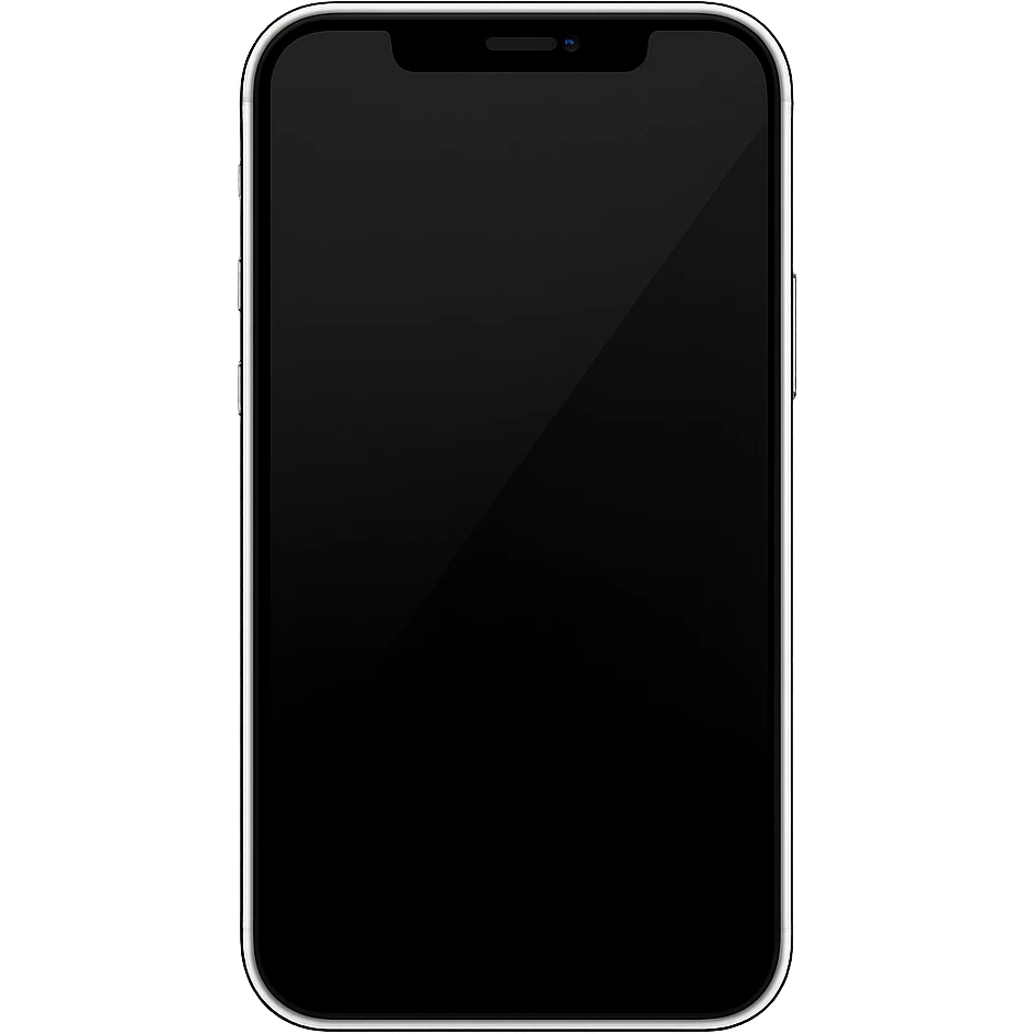 Minimalist smartphone viewed straight on from above with a blank black screen and subtle reflection, in apple style emoji look. emoji