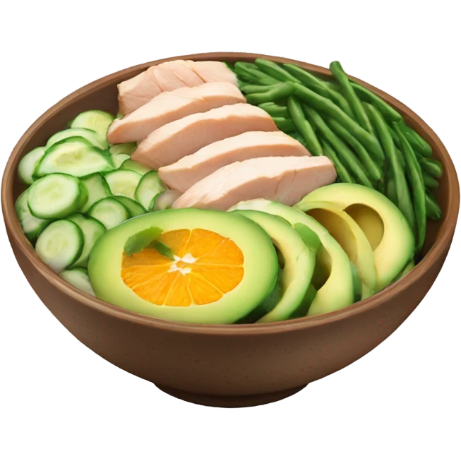 Poke bowl with chicken, avocado, orange, cucumbers and green beans; side view emoji