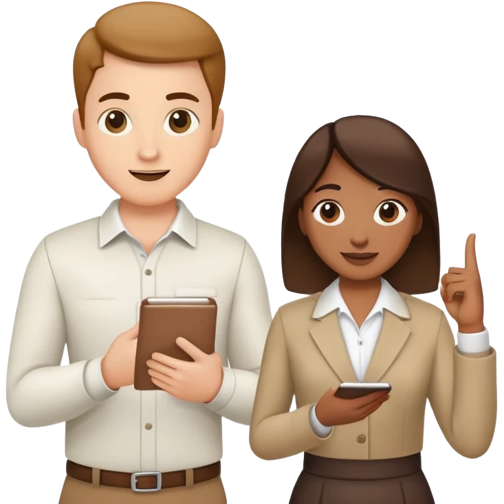 Two team members facing each other, one holding a notepad and the other gesturing, in a collaborative pose emoji