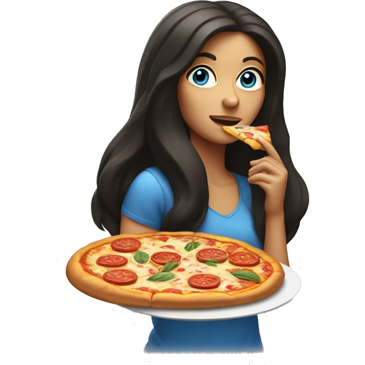 Woman with long dark hair and blue eyes eating pizza  emoji