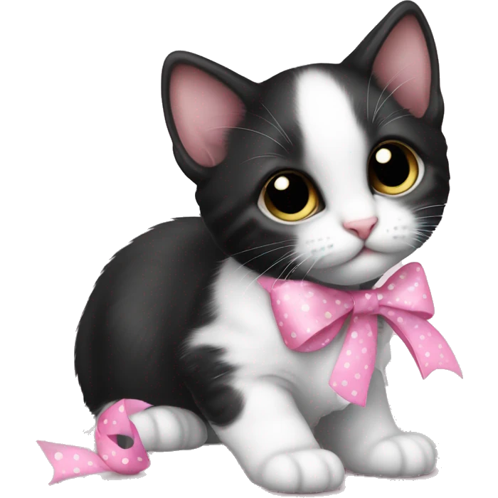 Baby Full body Tuxedo kitten with a pink polka dot ribbon Hazel eyes emoji