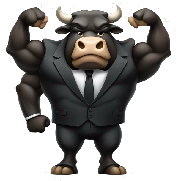 big muscular bull wearing black suit and holding a briefcase full of money with angry face emoji