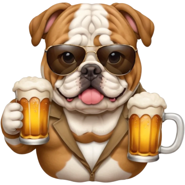 English bulldog wearing sunglasses holding a beer emoji
