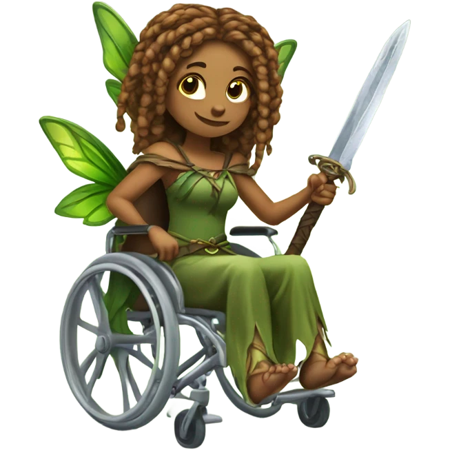 Female, forest fairy, fairy wings, African, pointed elf ears, box braid hair, vines, holding medieval sword, sitting in wheelchair emoji