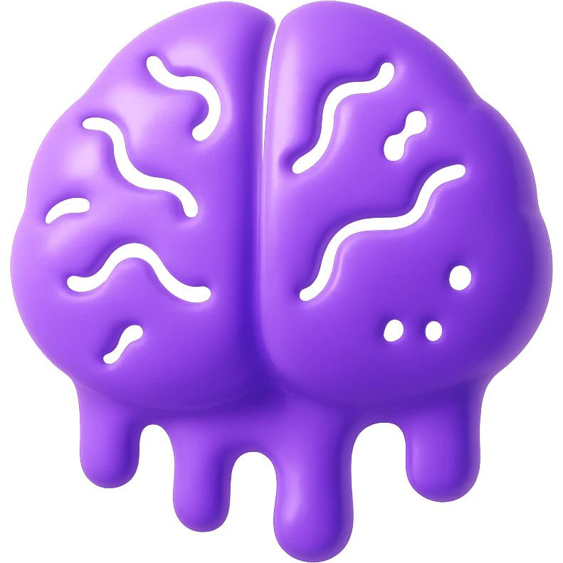 3D purple melting brain icon, front facing, with pixel art accents, shiny and vibrant emoji