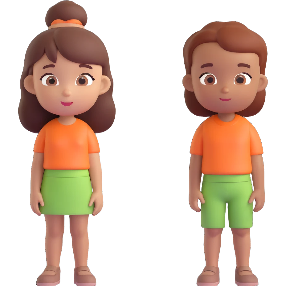 Slightly increase the volume of the upper body of the girl, separate the girl and the boy from each other, and make the skin color the same for both characters. Maintain the cartoonish 3D style. emoji