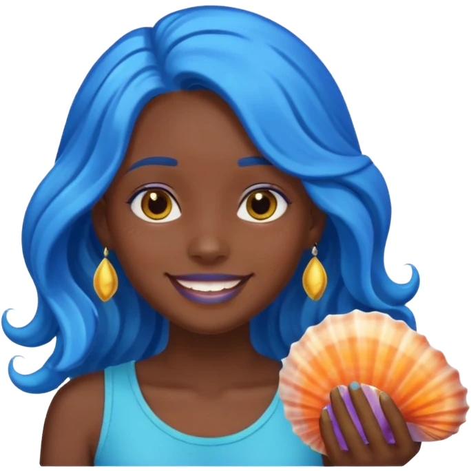smiling dark skinned girl head, shiny long wavy blue hair with sea shells, emoji style emoji
