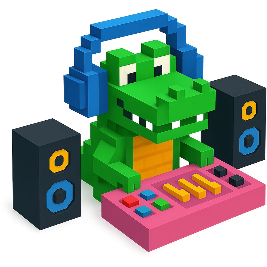 voxel style crocodile with large over-ear headphones in a music studio, isometric view, visible studio equipment like speakers and mixing desk emoji