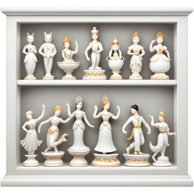 Icon for Porcelain Figurine Collecting: a collection of delicate porcelain figurines, such as animals, dancers, and historical characters, displayed on a shelf or in a display case. The icon should convey the elegance and artistry of collecting porcelain statues. Transparent background. emoji