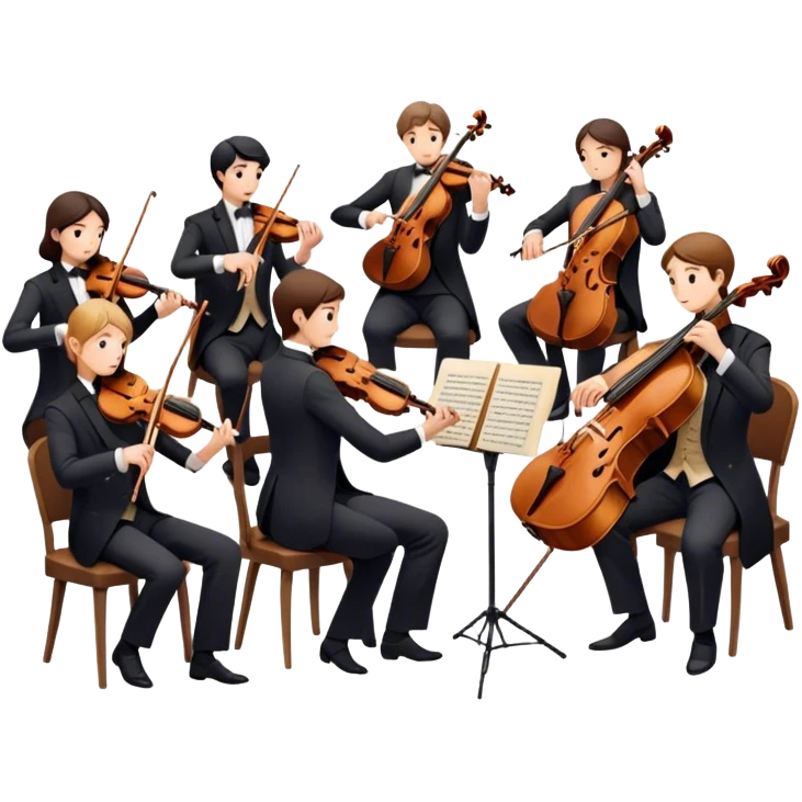 Icon for Classical Music: chamber orchestra with 4-5 musicians playing string instruments (violins, violas, cellos) and a conductor leading the ensemble. The intimate, refined atmosphere. Transparent background. emoji