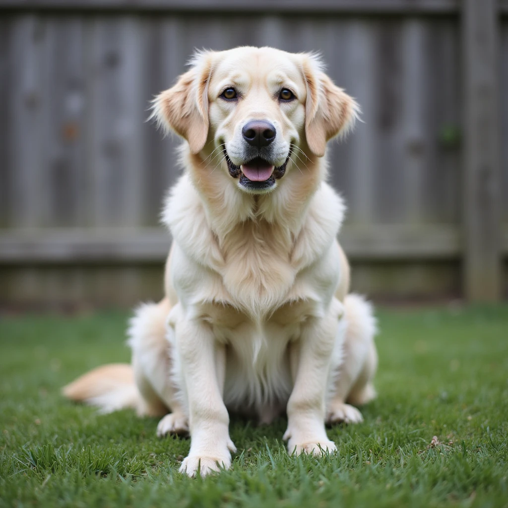 adult english cream golden retriever sitting on grass, facing camera, fence in the background emoji