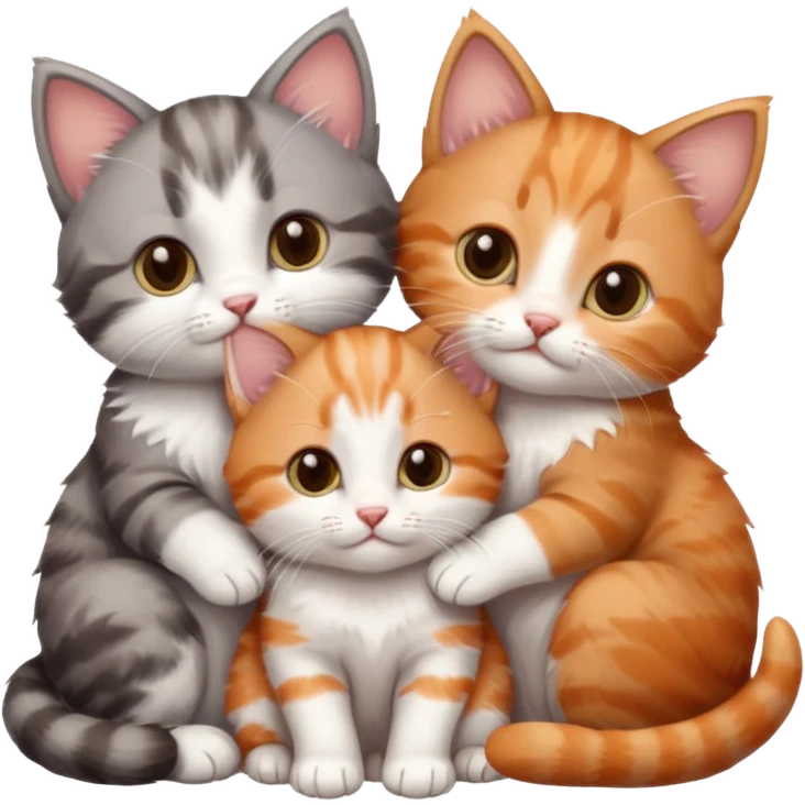 3 kittens cuddling together all different colours, the first one is grey and white, the second is ginger and white and the third is brown tabby and white emoji