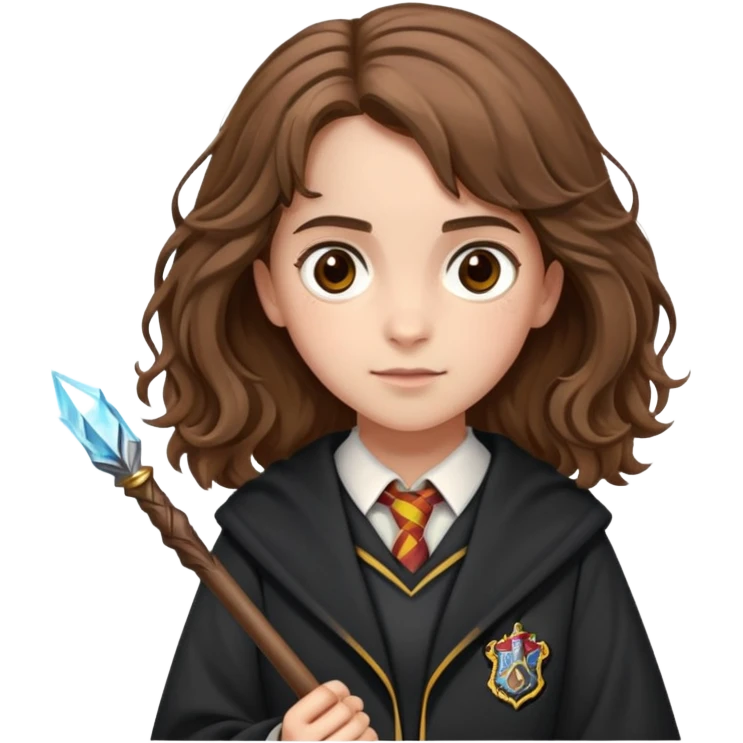 Hermione Granger with bushy brown hair, wand, and Hogwarts uniform emoji