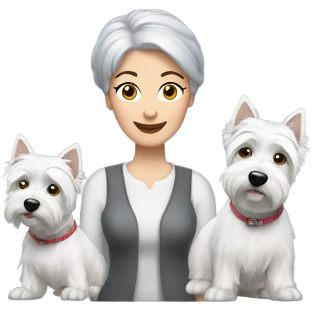  short gray hair lady blue eyes with three westie dogs emoji