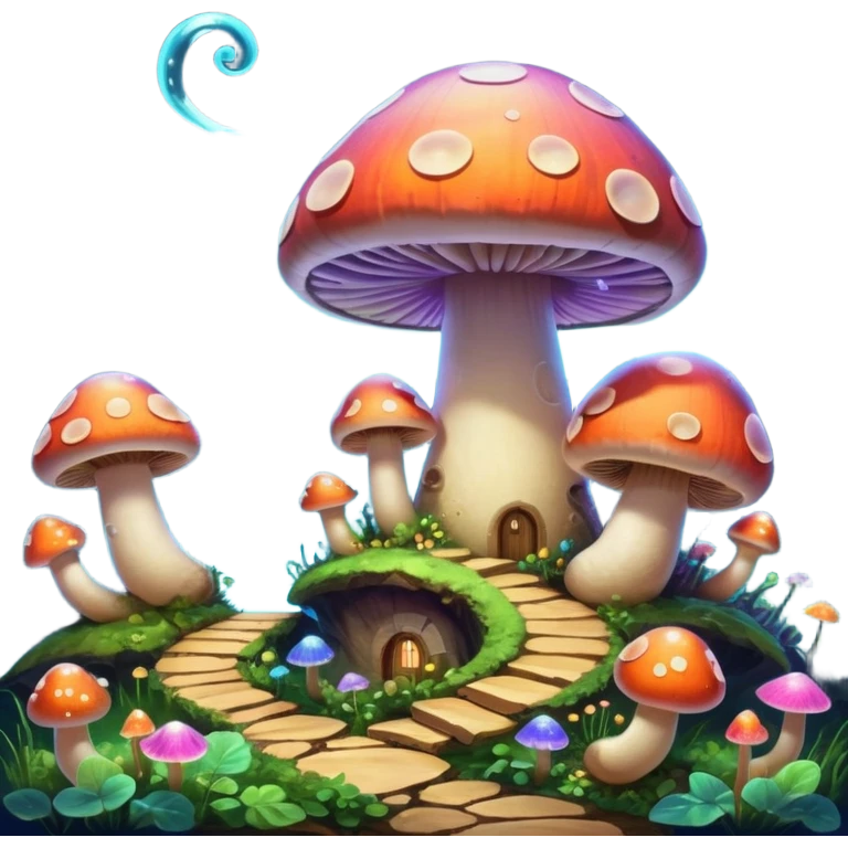  "A whimsical mushroom world filled with giant glowing mushrooms, soft bioluminescent spores floating through the air, and friendly oversized snails with colorful spiral shells exploring the landscape. Fantasy atmosphere, vibrant colors, dreamy lighting, highly detailed emoji