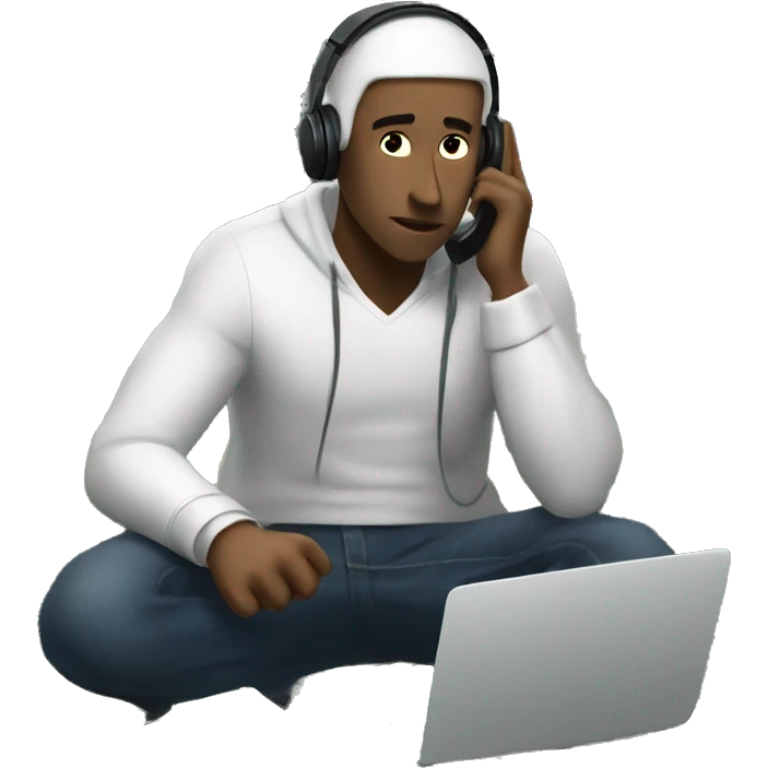 a white man, tired, is sitting at a laptop and talking on the phone, there is a bundle of money next to him, headphones on his head

 emoji