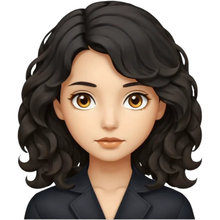 this avatar of girl has shoulder-length black wavy hair with loose curls framing the face, and a long, pointed face with golden-brown eyes and a calm, neutral expression. emoji