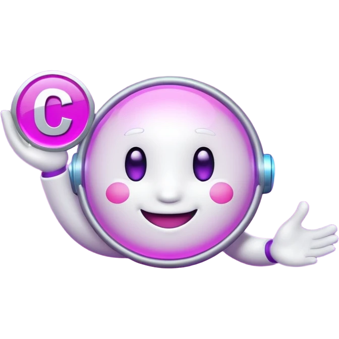 Friendly round AI mascot with a neon C badge, floating hologram in hands, purple-magenta glow. emoji