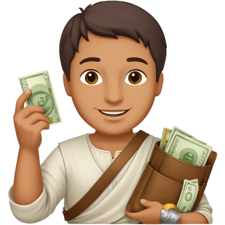 Emoji portrait of a Roman merchant. Loose-fitting clothes, holding a money pouch, cheerful expression. emoji