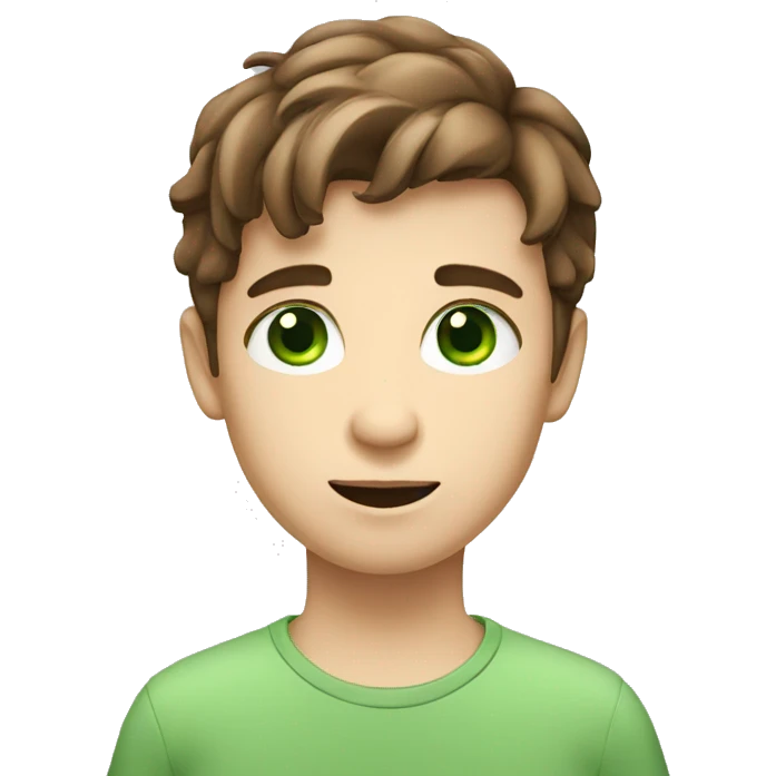 A white european boy with brown hair and green eyes explaining something emoji